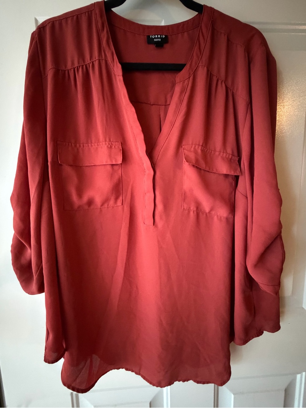 torrid 2X Brick-Red Split V-Neck Blouse with Patch Pockets